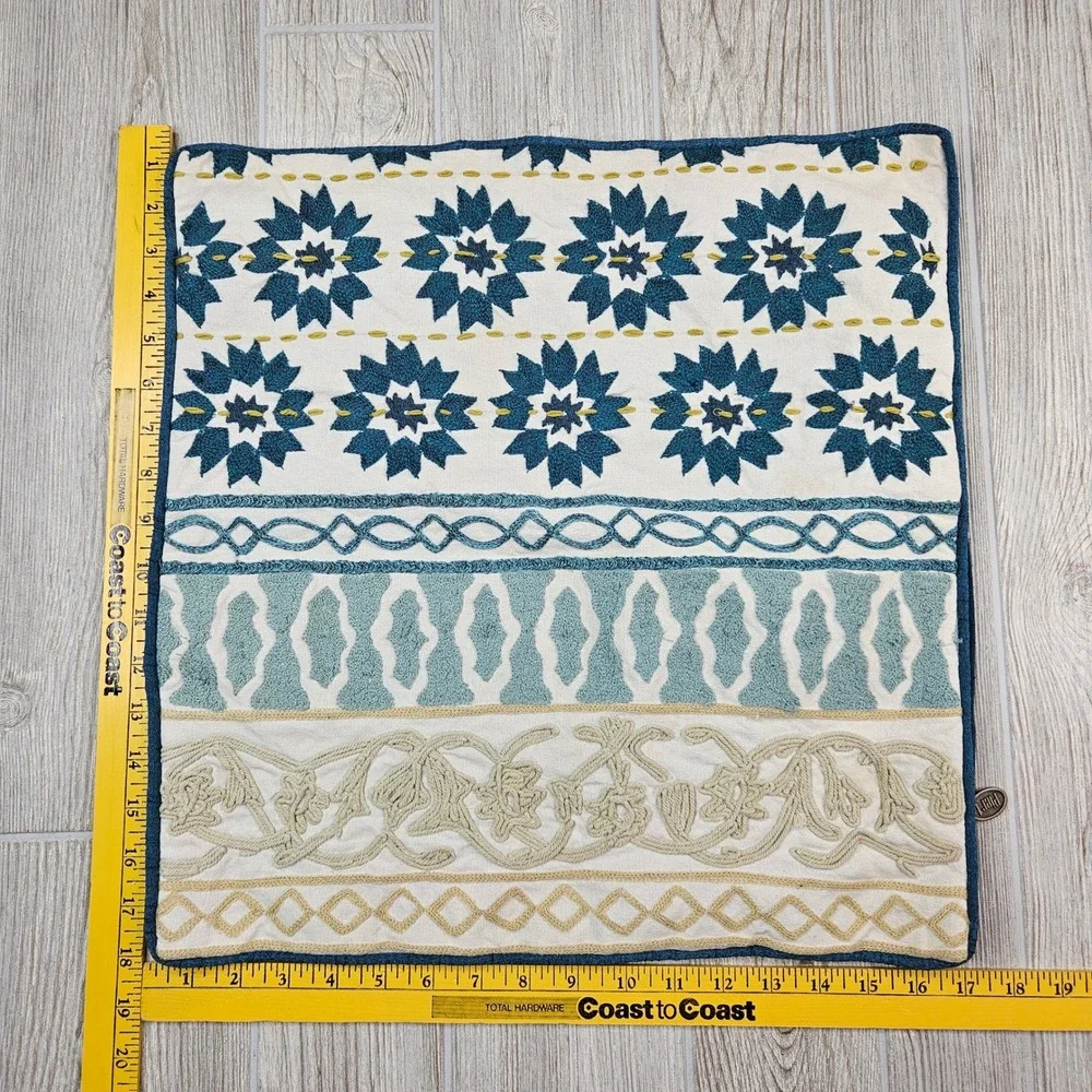 Pier 1 Imports Embroidered Crewel Throw Pillow Cover 18x18 Blue Ivory Boho Decor